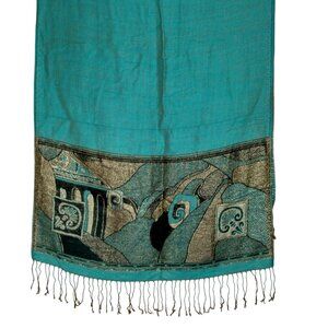 Cashmere Scarf Woven Turquoise Blue Black Metallic Gold Design Fringe Artsy Wrap